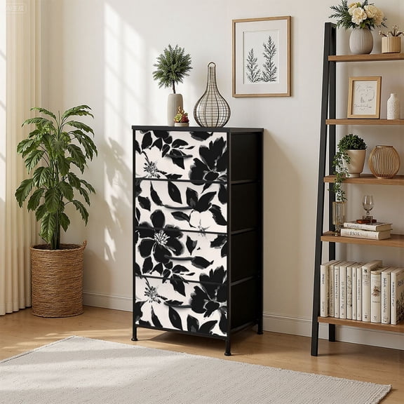 4 Drawer Vertical Storage Dresser Flowers have organic shape Simple abstract floral with Wood Top Fabric Pull Drawers