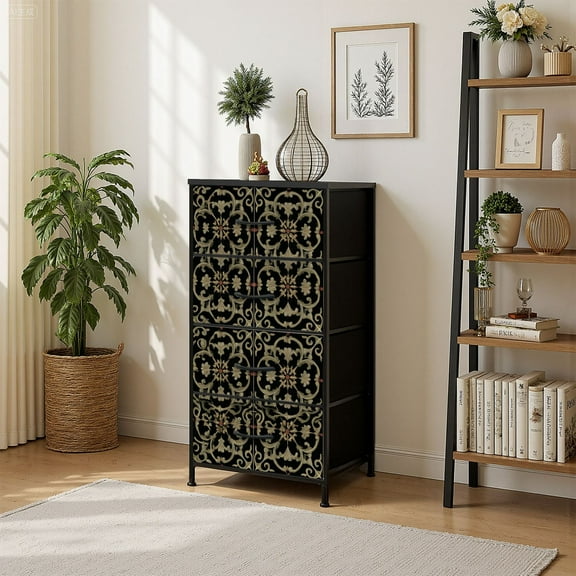 4 Drawer Vertical Storage Dresser Golden gothic Geometrical royal elements medieval with Wood Top Fabric Pull Drawers