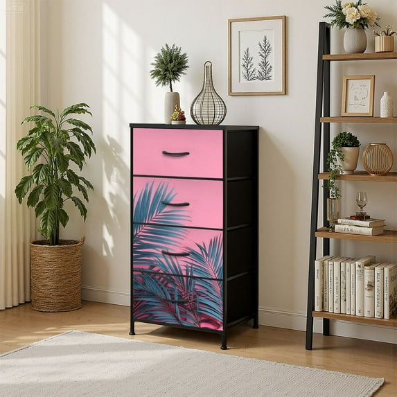 4 Drawer Vertical Storage Dresser Green palm leaves pink Tropical leaves trendy with Wood Top Fabric Pull Drawers