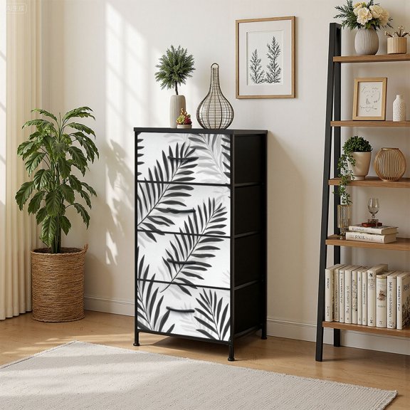 4 Drawer Vertical Storage Dresser Hand drawn Black white palm leaves Abstract grunge texture with Wood Top Fabric Pull Drawers