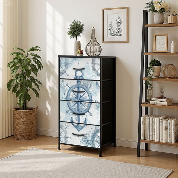 4 Drawer Vertical Storage Dresser Hand drawn anchors compass for textiles prints with Wood Top Fabric Pull Drawers