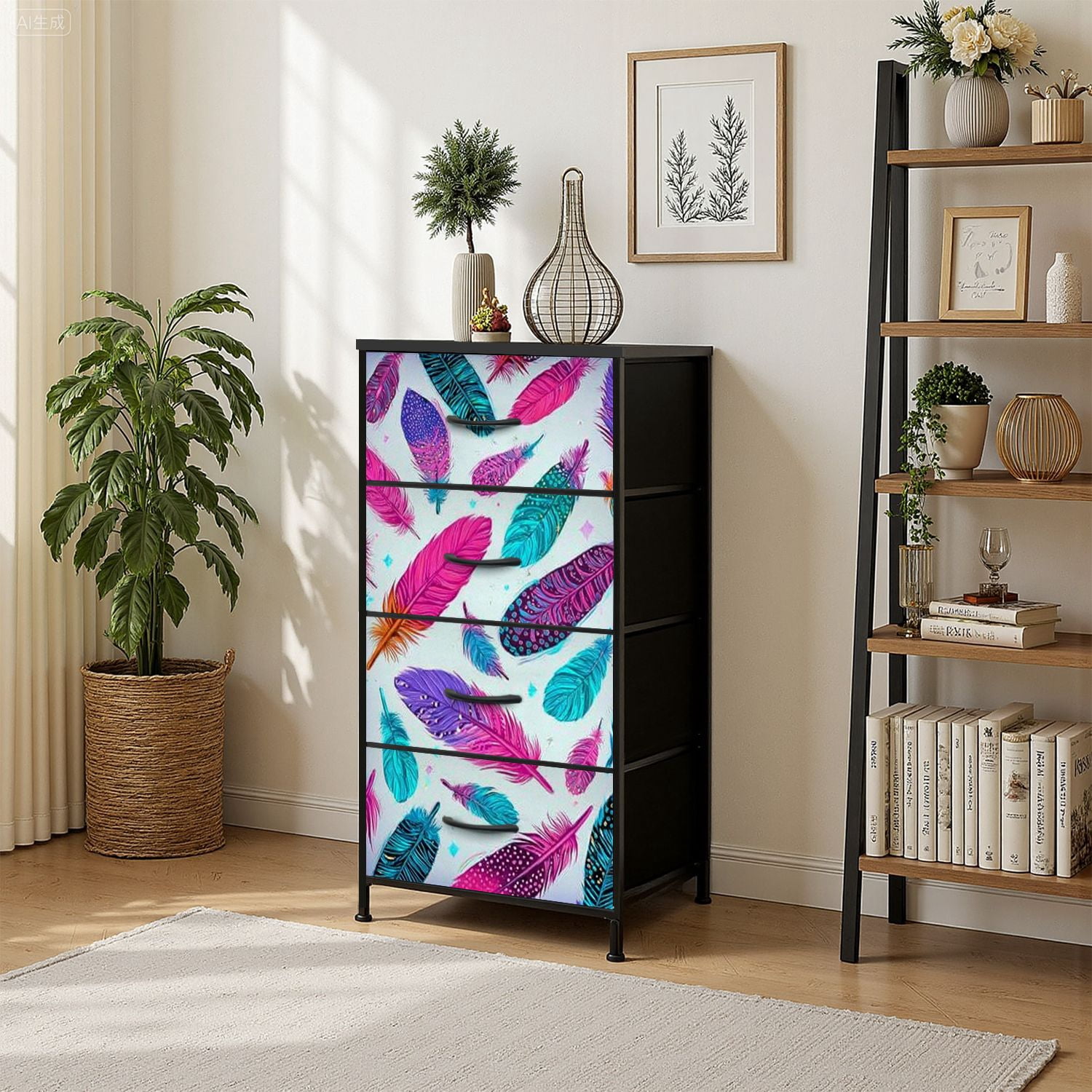 4 Drawer Vertical Storage Dresser floral folk ethnic folklore