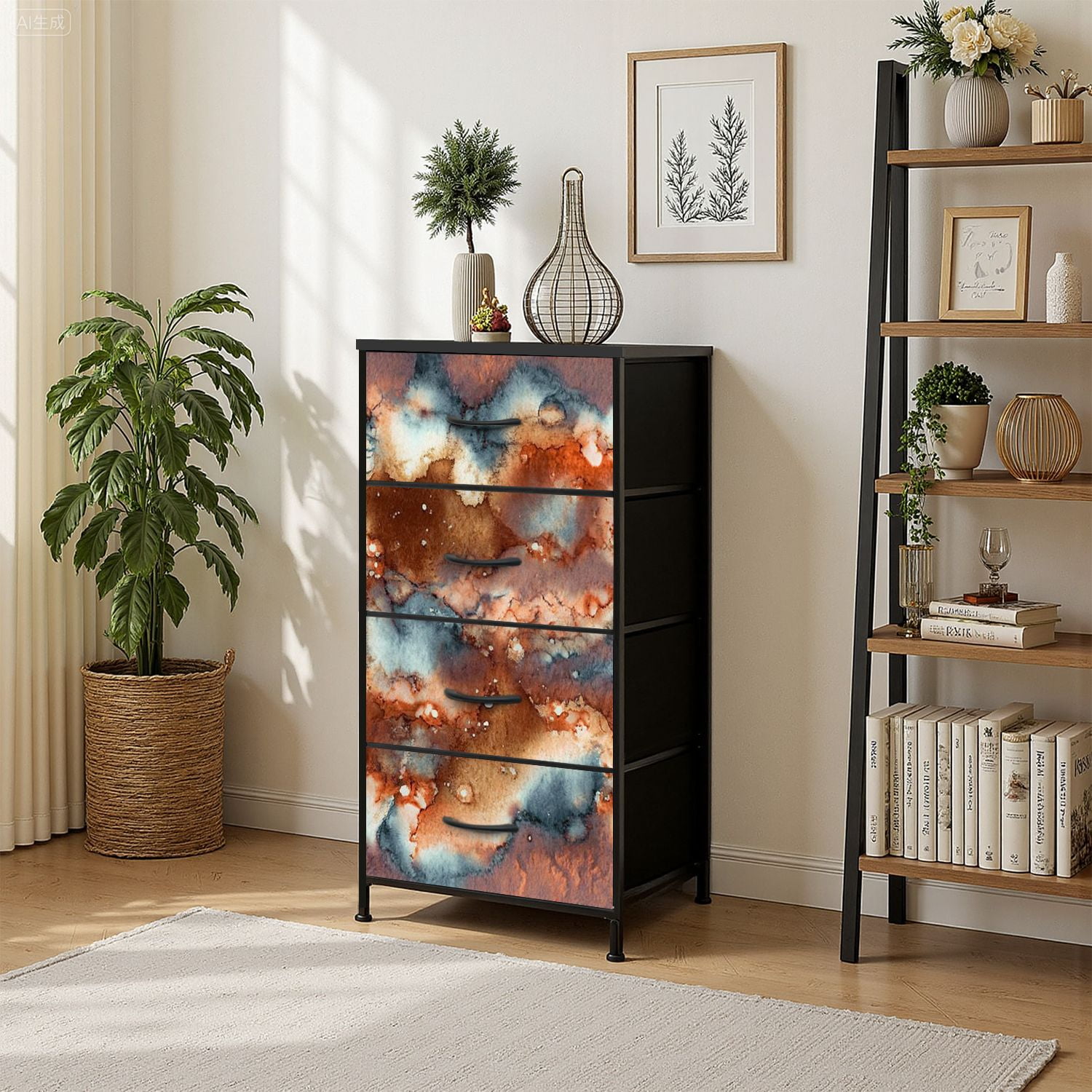 4 Drawer Vertical Storage Dresser Hand watercolor bright abstract stone surface Texture with Wood Top Fabric Pull Drawers