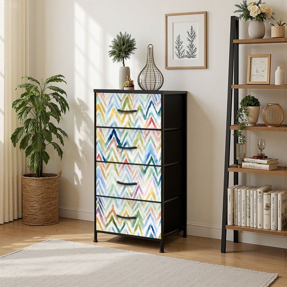 4 Drawer Vertical Storage Dresser Hand watercolor wavy allover repeat multicolor with Wood Top Fabric Pull Drawers