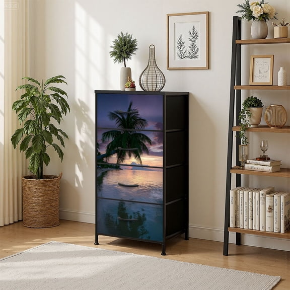 4 Drawer Vertical Storage Dresser Hanging Palm Tree Sunset Thailand with Wood Top Fabric Pull Drawers