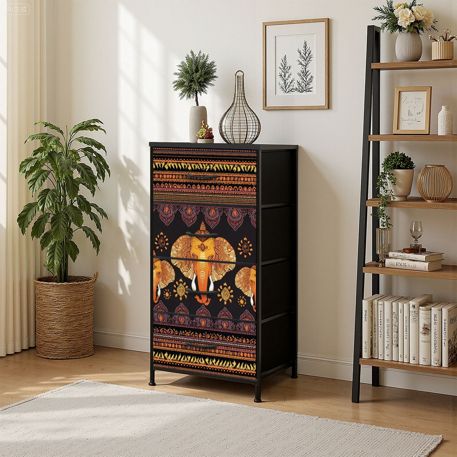 Dresser Rug 4 Drawer Vertical Storage Dresser Indian rug tribal ornament elephants ...