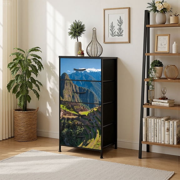 4 Drawer Vertical Storage Dresser Machu Picchu Vertical Sunrise Peru with Wood Top Fabric Pull Drawers