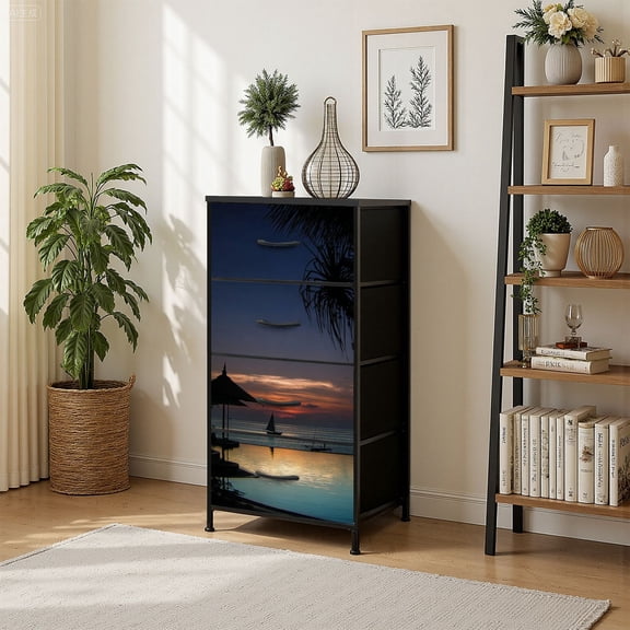 4 Drawer Vertical Storage Dresser Maldives island Sunset with Wood Top Fabric Pull Drawers
