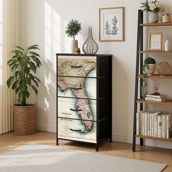 4 Drawer Vertical Storage Dresser Map Florida 1894 with Wood Top Fabric Pull Drawers