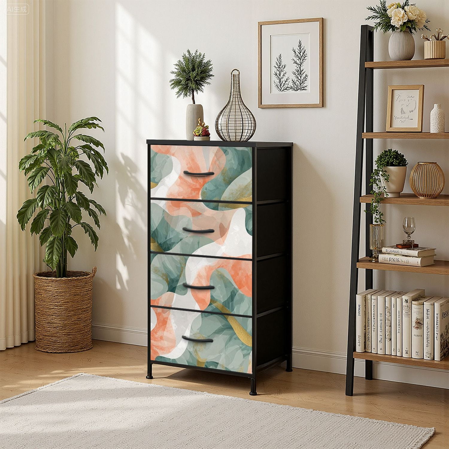 4 Drawer Vertical Storage Dresser Marble Alcohol Ink Marble watercolor banners posters with Wood Top Fabric Pull Drawers