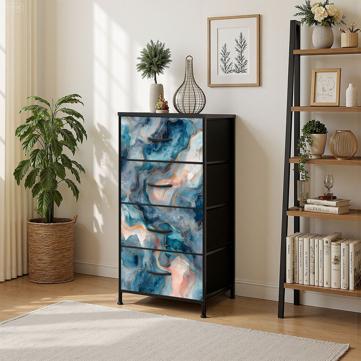 4 Drawer Vertical Storage Dresser Marble Alcohol Ink Marble watercolor seamless banners posters with Wood Top Fabric Pull Drawers