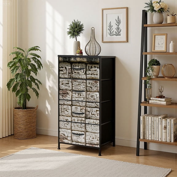 4 Drawer Vertical Storage Dresser Mayan hieroglyphics XXXL with Wood Top Fabric Pull Drawers