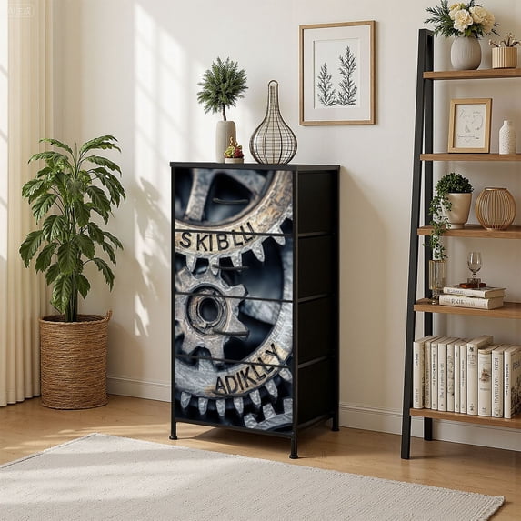 4 Drawer Vertical Storage Dresser Metal Wheel with Wood Top Fabric Pull Drawers