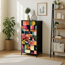 4 Drawer Vertical Storage Dresser Mid Century Abstract Design with Wood Top Fabric Pull Drawers