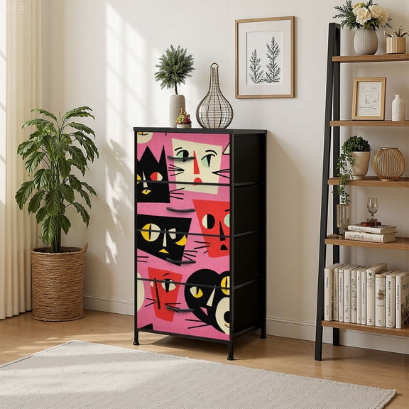 4 Drawer Vertical Storage Dresser Mid Century Black Cat Pink Atomic Abstract Vintage Boho Geometric with Wood Top Fabric Pull Drawers