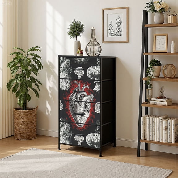 4 Drawer Vertical Storage Dresser Nuclear explosion anatomical heart Packing old with Wood Top Fabric Pull Drawers