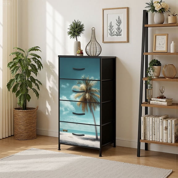 4 Drawer Vertical Storage Dresser Ocean Beach Coastal Seascape Mint Green Tropical Turquoise Palm Tree with Wood Top Fabric Pull Drawers
