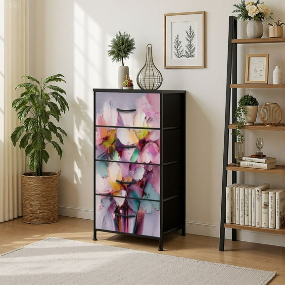 4 Drawer Vertical Storage Dresser Oil colorful spring flowers canvas modern abstract art blossom floral with Wood Top Fabric Pull Drawers