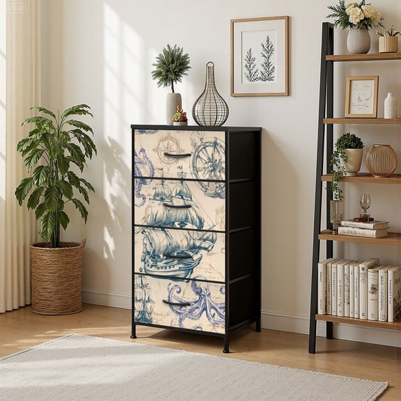 4 Drawer Vertical Storage Dresser Old caravel vintage sailboat sea Hand drawn sketch seamless with Wood Top Fabric Pull Drawers