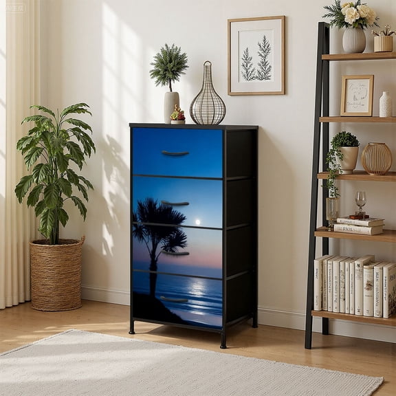 4 Drawer Vertical Storage Dresser Palm tree Taghazout with Wood Top Fabric Pull Drawers