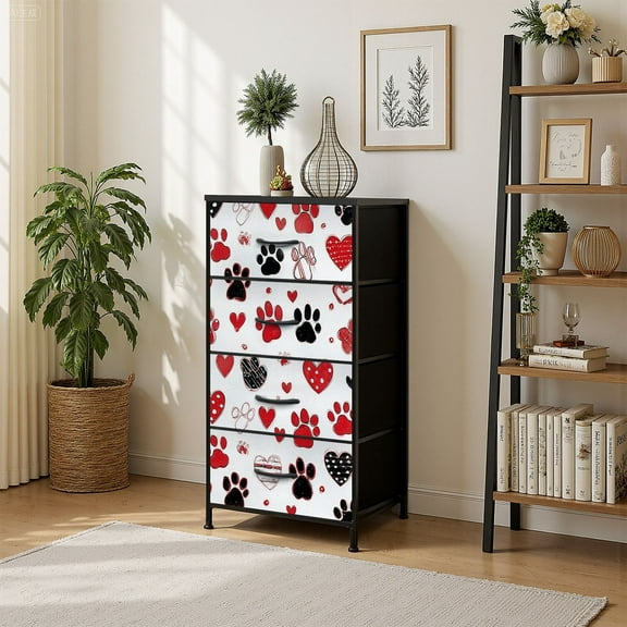 4 Drawer Vertical Storage Dresser Paw print hearts for fabric children textile with Wood Top Fabric Pull Drawers