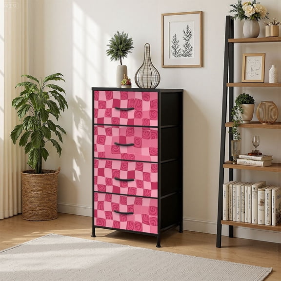 4 Drawer Vertical Storage Dresser Pink psychedelic checkerboard Visually striking featuring with Wood Top Fabric Pull Drawers