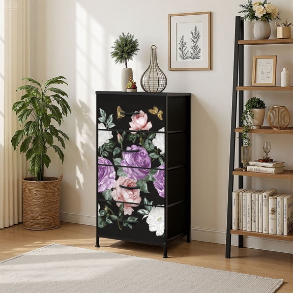 4 Drawer Vertical Storage Dresser Purple cabbage roses butterfly watercolor with Wood Top Fabric Pull Drawers