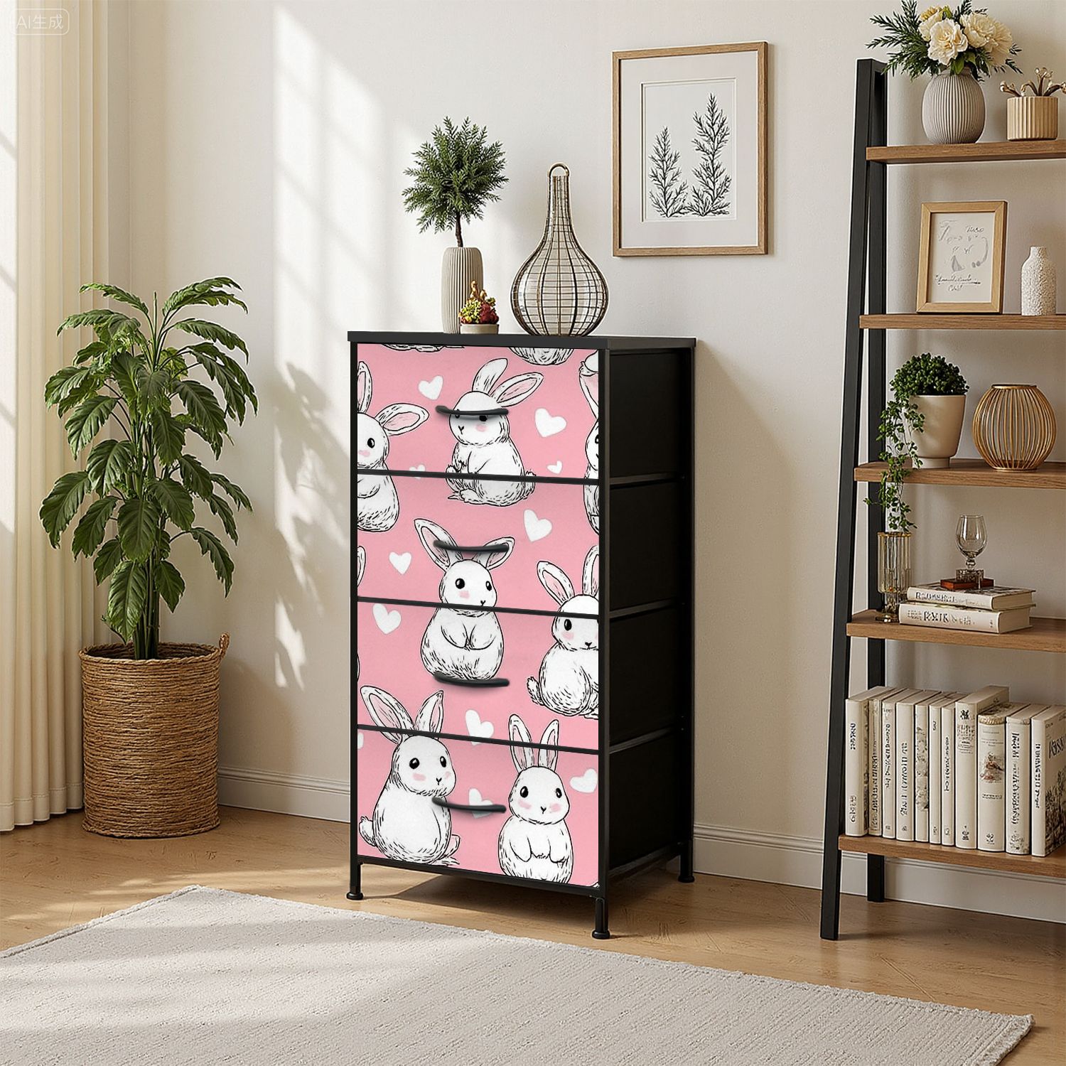 4 Drawer Vertical Storage Dresser Rabbit Hand Drawn Bunny heart print ...