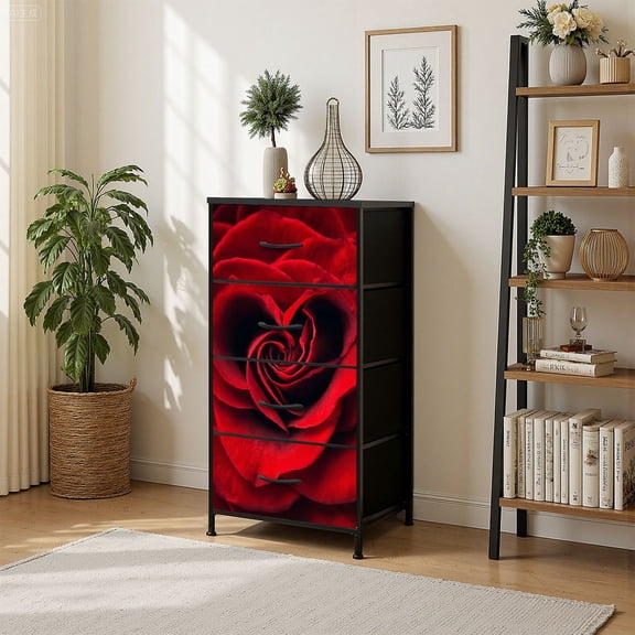4 Drawer Vertical Storage Dresser Red rose shape heart with Wood Top Fabric Pull Drawers