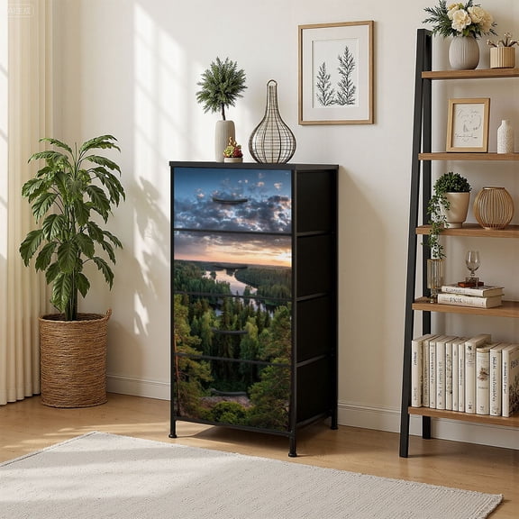 4 Drawer Vertical Storage Dresser Scenic view lake sunset summer morning National Park Aulanko H with Wood Top Fabric Pull Drawers