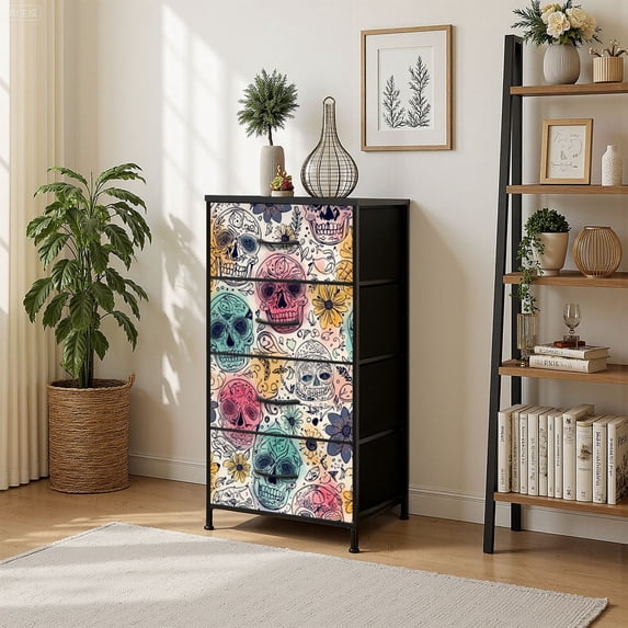 4 Drawer Vertical Storage Dresser Skull Flowers Mexican day drawing with Wood Top Fabric Pull Drawers