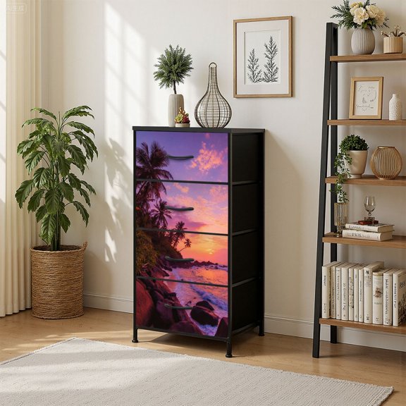 4 Drawer Vertical Storage Dresser Sunset tropical coast with Wood Top Fabric Pull Drawers