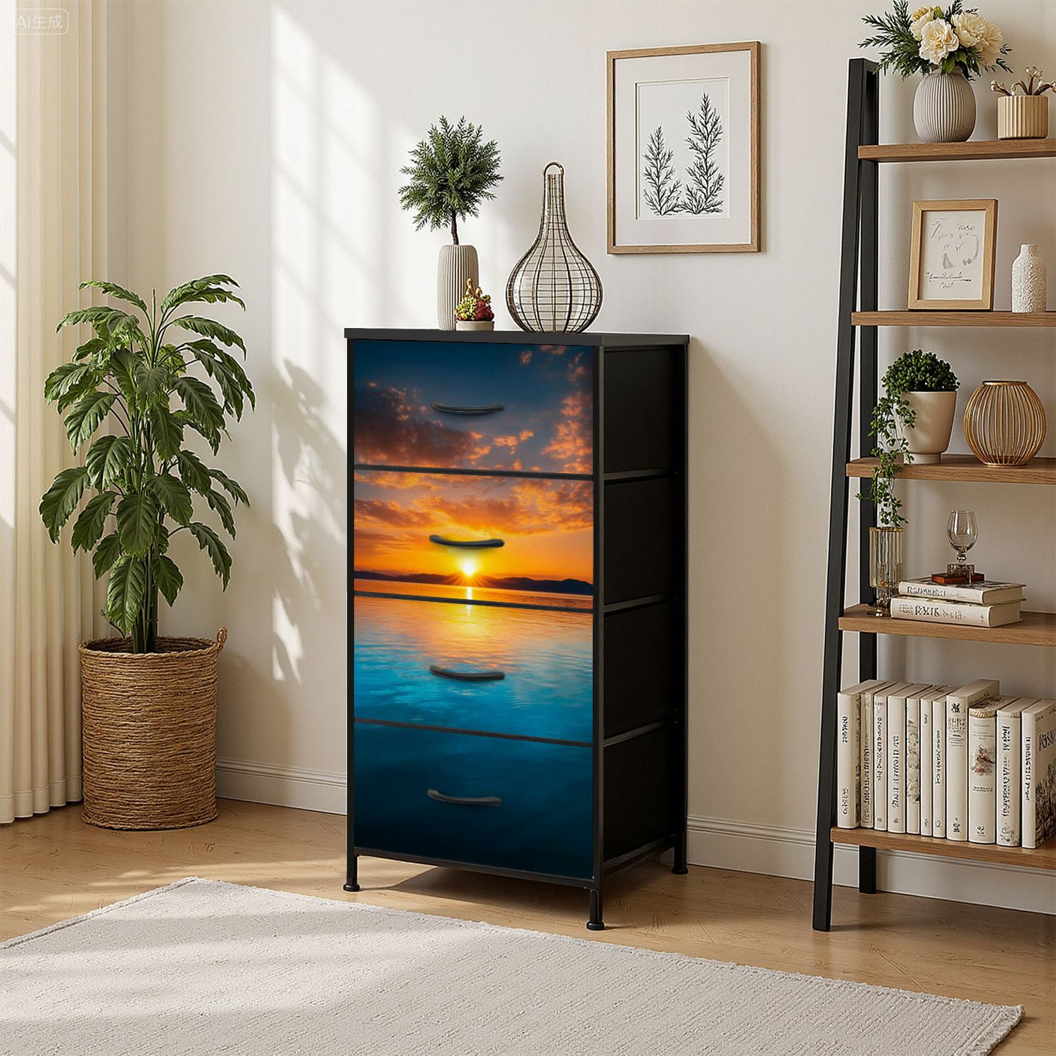 4 Drawer Vertical Storage Dresser Sunset water with Wood Top Fabric Pull Drawers