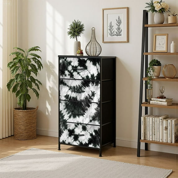 4 Drawer Vertical Storage Dresser Tie dye Geometric texture Shibori Abstract batik brush repeat with Wood Top Fabric Pull Drawers