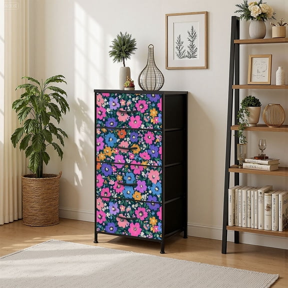 4 Drawer Vertical Storage Dresser Trendy floral print from large realistic with Wood Top Fabric Pull Drawers