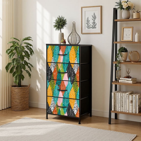 4 Drawer Vertical Storage Dresser Tribal abstract leaves Hand draw texture with Wood Top Fabric Pull Drawers