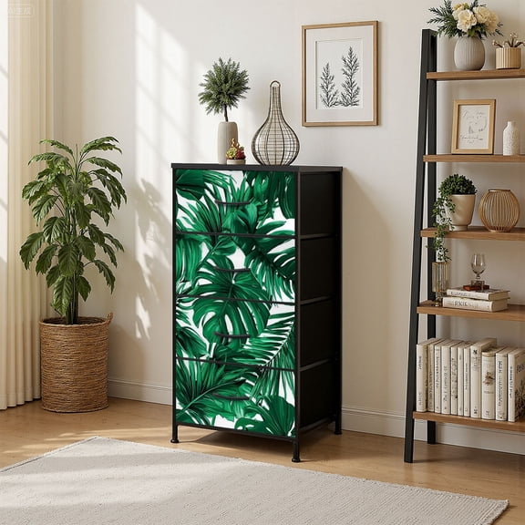 4 Drawer Vertical Storage Dresser Tropical palm leaves jungle leaf floral with Wood Top Fabric Pull Drawers