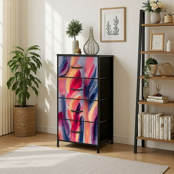 4 Drawer Vertical Storage Dresser Vertical artwork abstract paint strokes oil canvas Acrylic with Wood Top Fabric Pull Drawers