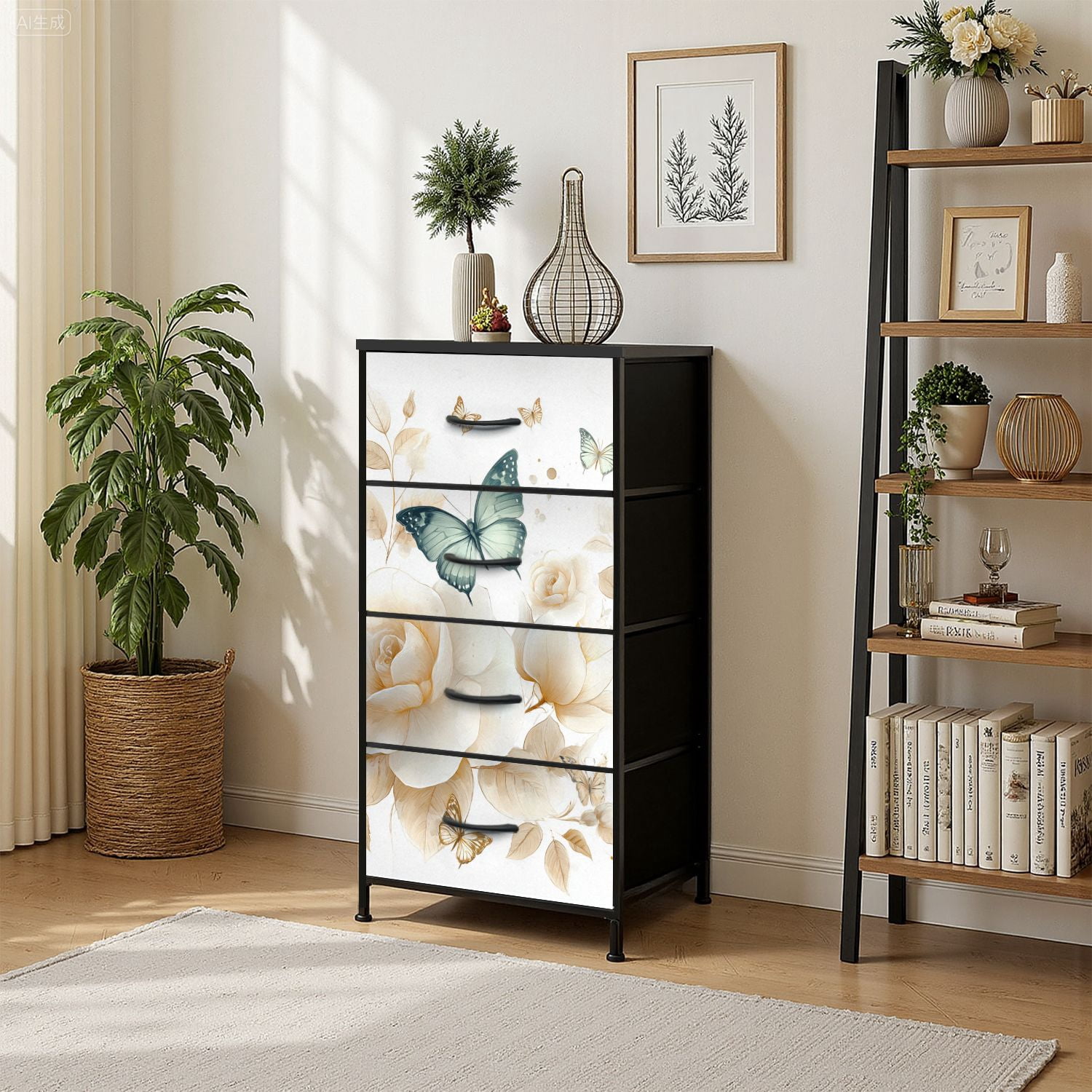 4 Drawer Vertical Storage Dresser Hand drawn butterfly beetle