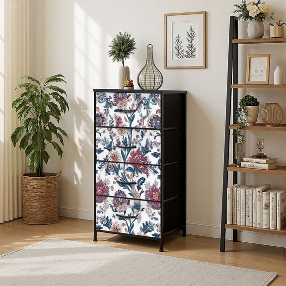 4 Drawer Vertical Storage Dresser Vintage flowers provence style blue beige white with Wood Top Fabric Pull Drawers