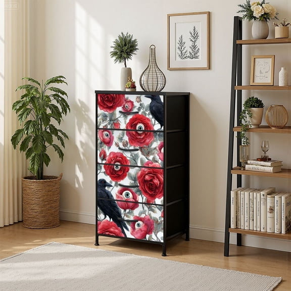 4 Drawer Vertical Storage Dresser Watercolor Gothic Halloween red roses eyeballs black raven with Wood Top Fabric Pull Drawers