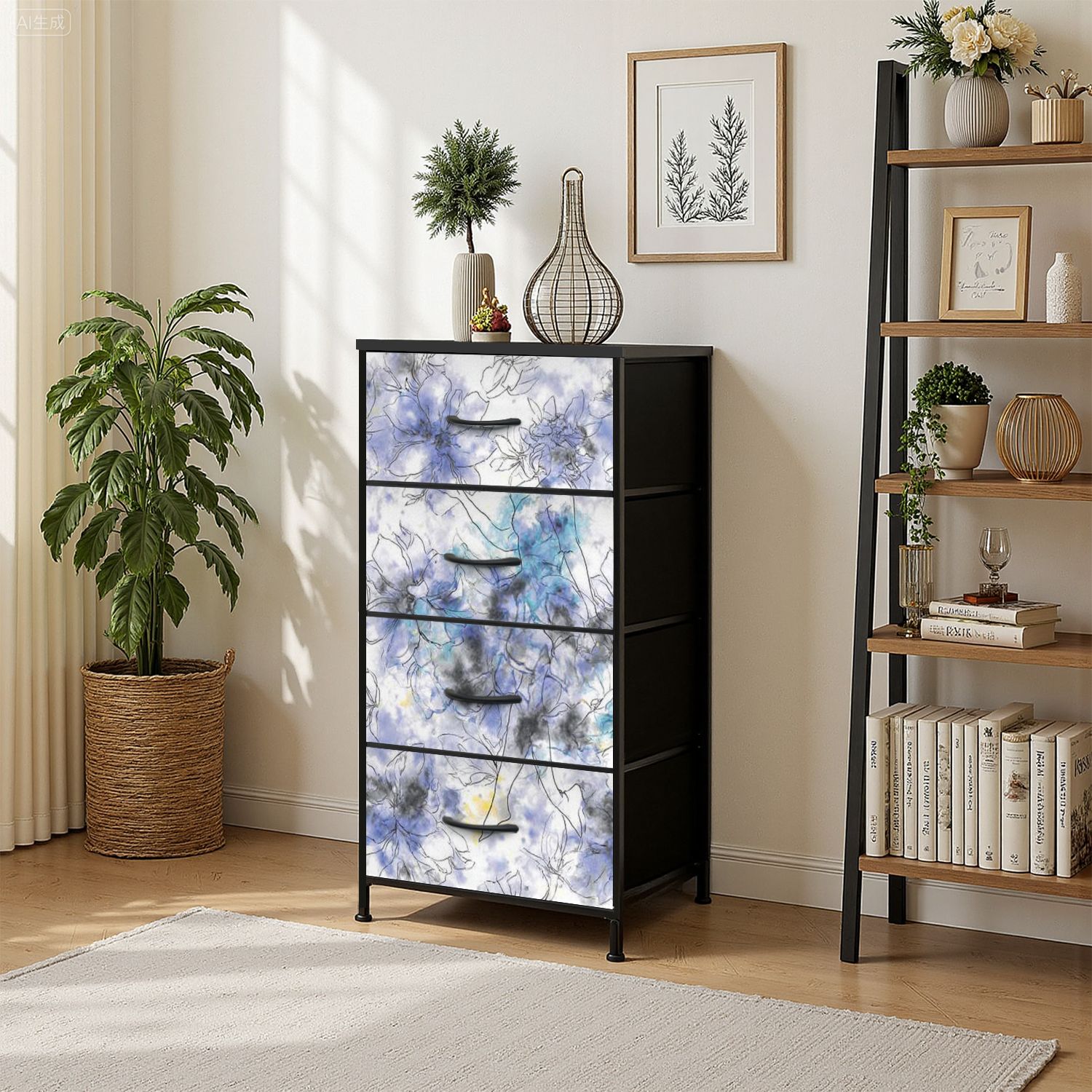 4 Drawer Vertical Storage Dresser Watercolor ballerina art Splash paint Watercolor blue with Wood Top Fabric Pull Drawers