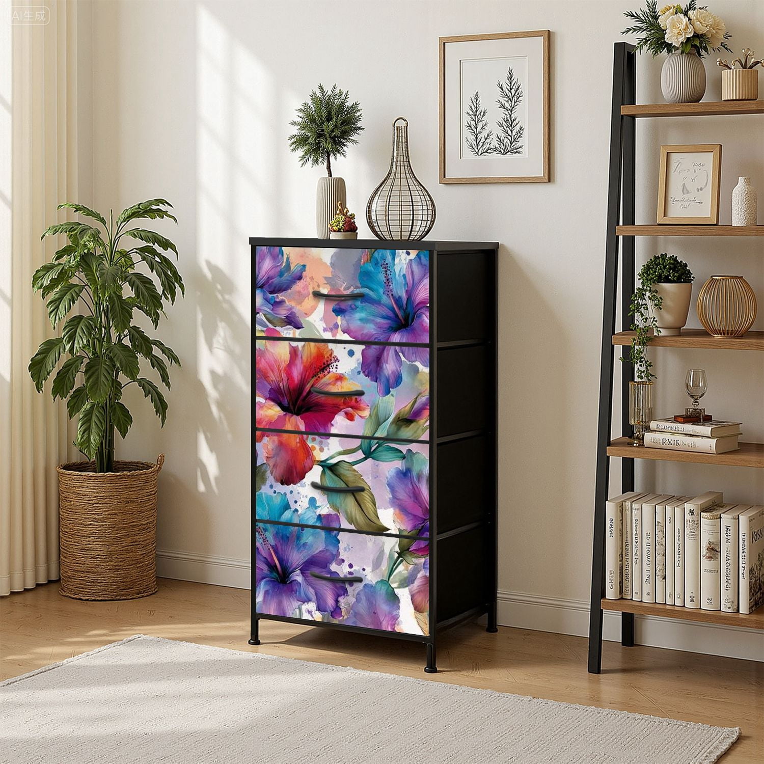 4 Drawer Vertical Storage Dresser Watercolor beautiful hibiscus flowers Dirty colorful with Wood Top Fabric Pull Drawers