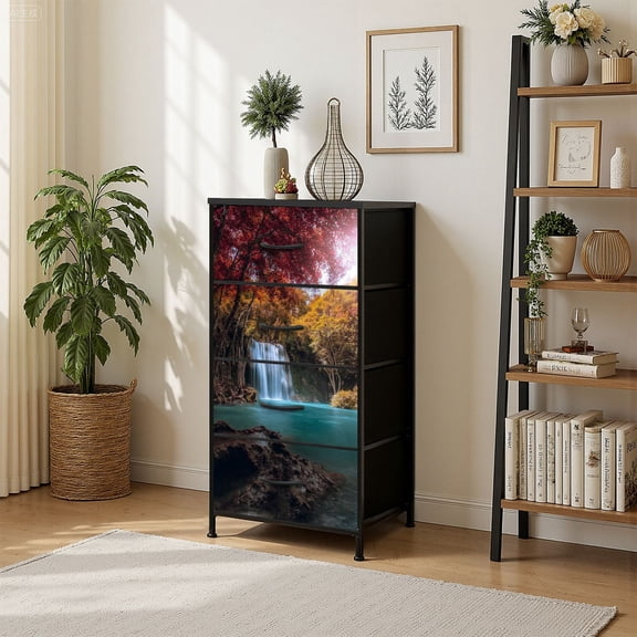 4 Drawer Vertical Storage Dresser Waterfall with Wood Top Fabric Pull Drawers