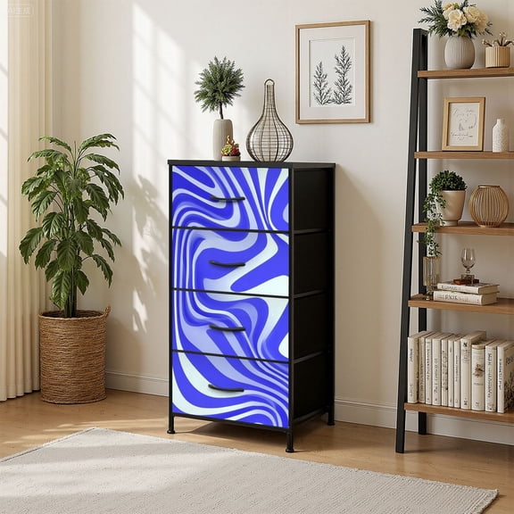 4 Drawer Vertical Storage Dresser Wavy poster Repeating for fabric Blue psychedelic ornament with Wood Top Fabric Pull Drawers