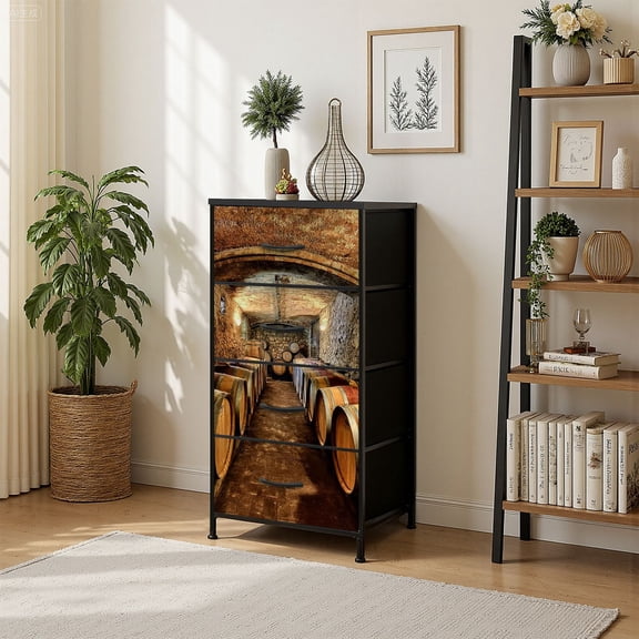 4 Drawer Vertical Storage Dresser Wine Cellar with Wood Top Fabric Pull Drawers
