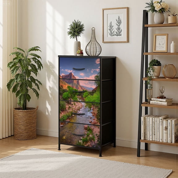 4 Drawer Vertical Storage Dresser Zion National Park sunset with Wood Top Fabric Pull Drawers