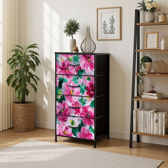 4 Drawer Vertical Storage Dresser abstract pink flowers original hand drawn with Wood Top Fabric Pull Drawers