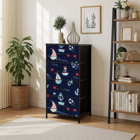 4 Drawer Vertical Storage Dresser anchors sailboat Cute for fabric baby clothes with Wood Top Fabric Pull Drawers