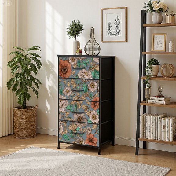4 Drawer Vertical Storage Dresser beautiful abstract patchwork geometric floral with Wood Top Fabric Pull Drawers